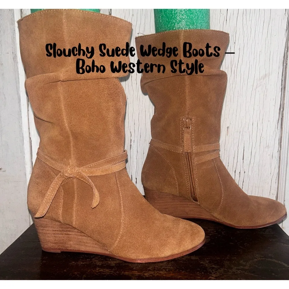 Slouchy Suede Wedge Boots – Boho Chic Western Style midi height Y2K